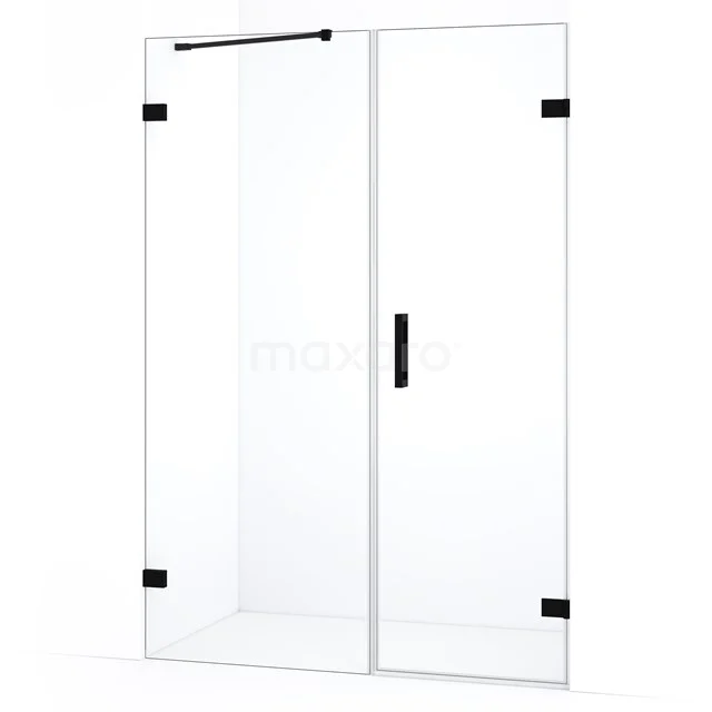 Glazen douchedeur met draaideur, helder glas, zwarte scharnieren en handgreep, moderne stijl voor een strakke badkamer.