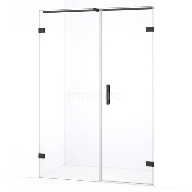 Glazen douchedeur met matzwarte scharnieren en handgreep, strak design voor moderne badkamers.