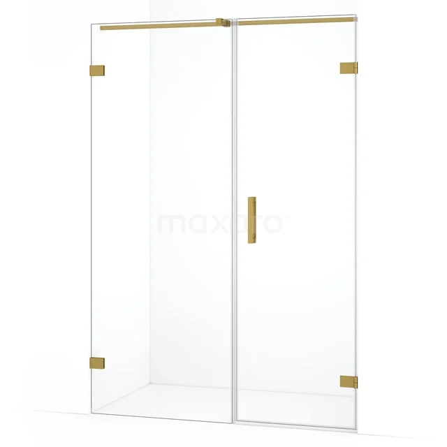 Glazen douchedeur met gouden scharnieren en handgreep, modern design, ideaal voor een stijlvolle badkamerinrichting.