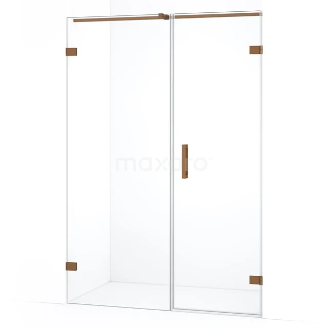 Glazen douchedeur met goudkleurige scharnieren en handgreep, stijlvol design voor een moderne badkamer.