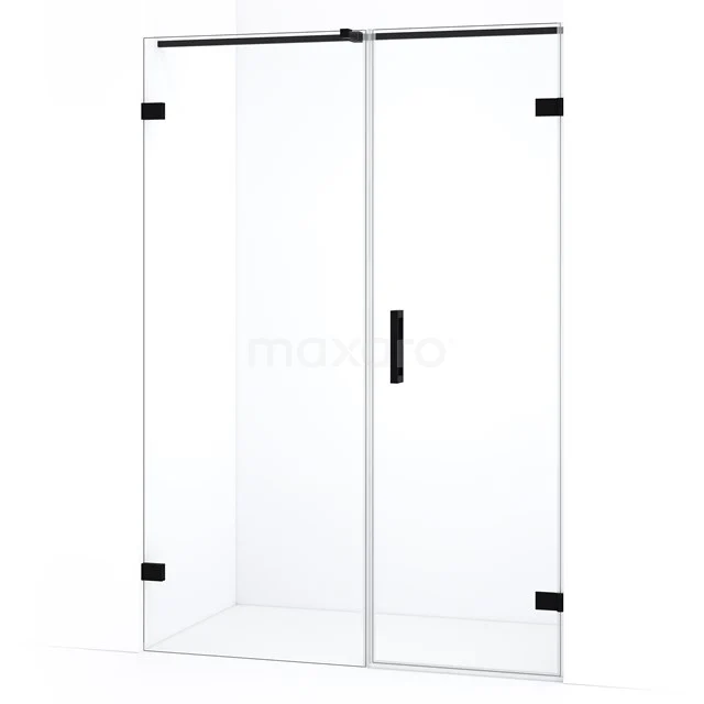 Glazen douchedeur met zwarte accenten, moderne schuifdeur, ideaal voor een stijlvolle badkamerinrichting.