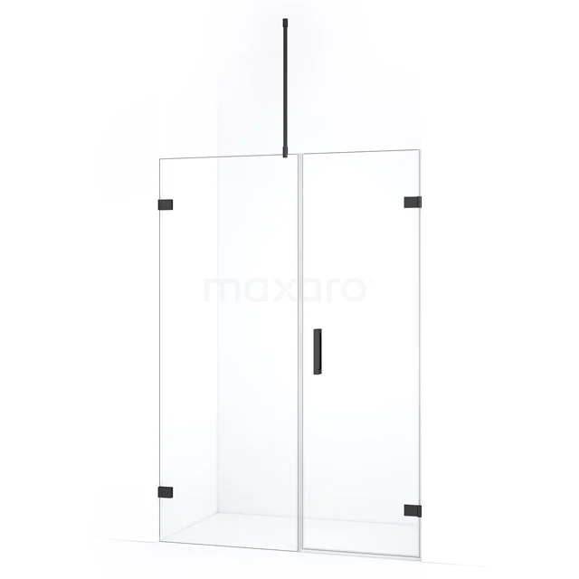 Glazen douchewand met deur, helder glas, zwart frame, minimalistisch design, ideaal voor een moderne badkamer.