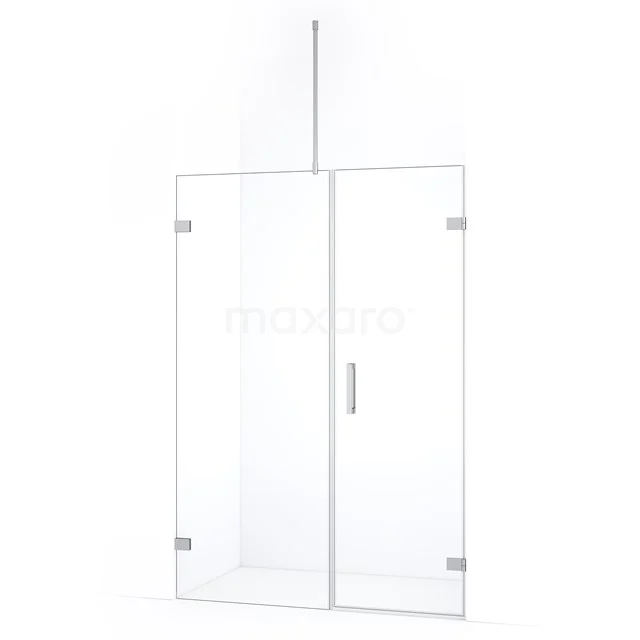 Glazen douchewand met deur, minimalistisch design, helder glas en chromen details voor een moderne badkamerstijl.