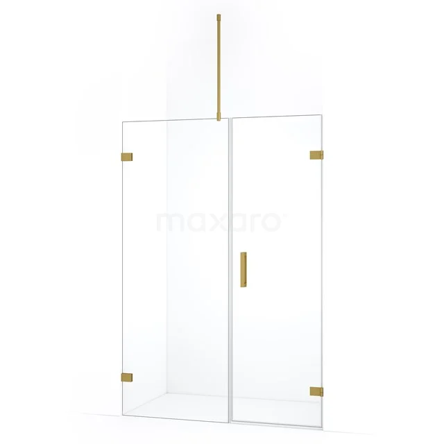 Glazen douchewand met gouden details, strak design, perfect voor een moderne badkamer inrichting.