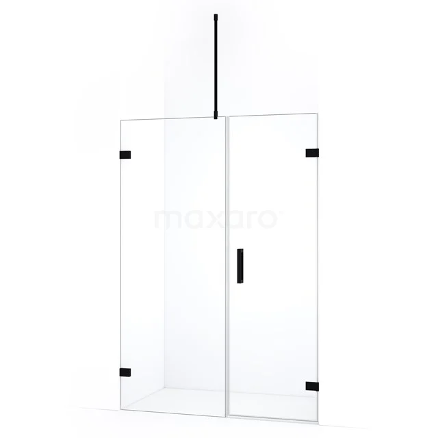 Douchecabine met helder glas, zwart metalen details en draaideur, moderne badkamerstijl.