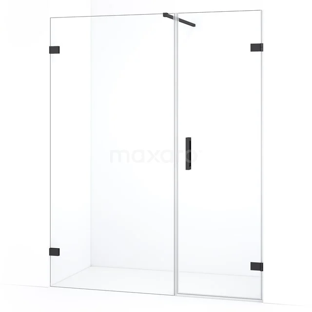 Glazen douchewand met zwarte scharnieren en handgreep, modern design, ideaal voor een stijlvolle badkamer.