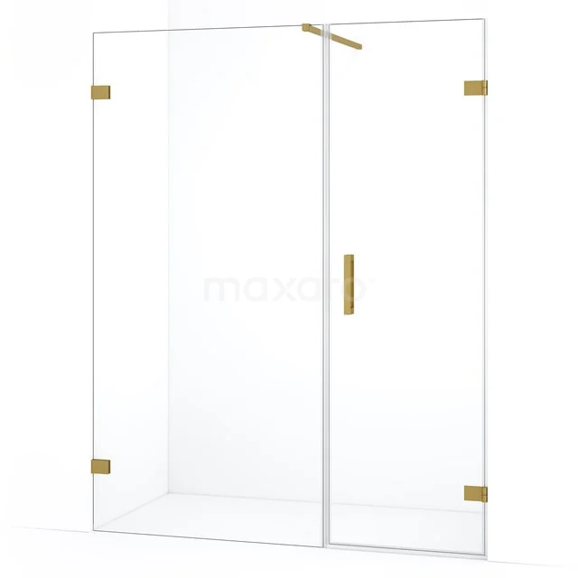 Glazen douchewand met goudkleurige scharnieren en handgreep, strak design, ideaal als stijlvolle toevoeging aan de badkamer.