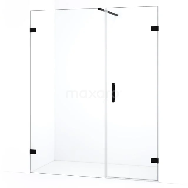 Douchecabine met schuifdeur, helder glas, zwart frame en handgreep, moderne uitstraling voor stijlvolle badkamerinrichting.