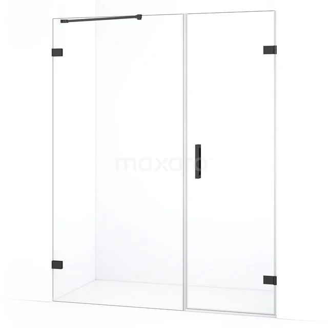 Glazen douchewand met zwarte accenten, schuifdeur en modern design, ideaal voor een strakke en stijlvolle badkamerinrichting.