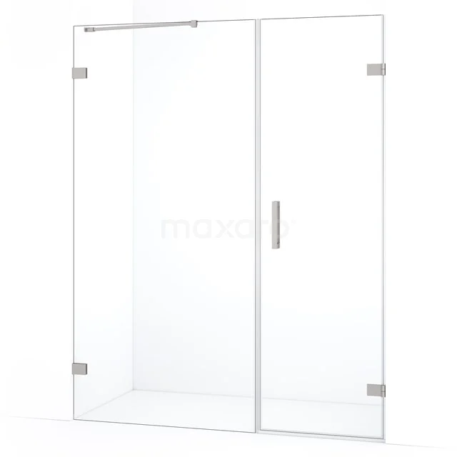 Glazen douchewand met deur, transparant, hoekig design van gehard glas, ideaal voor een moderne badkamerindeling.