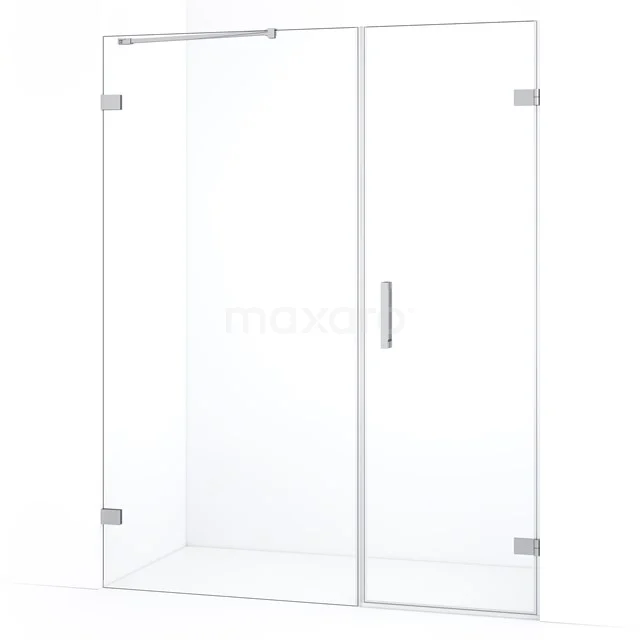 Glazen douchedeur met scharnieren, heldere afwerking, inclusief strakke handgreep, ideaal voor moderne badkamers.