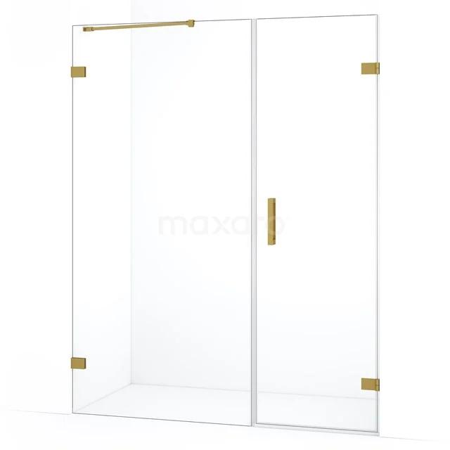 Glazen douchewand met gouden beslag, luxe uitstraling, perfect voor moderne badkamers met elegante details.