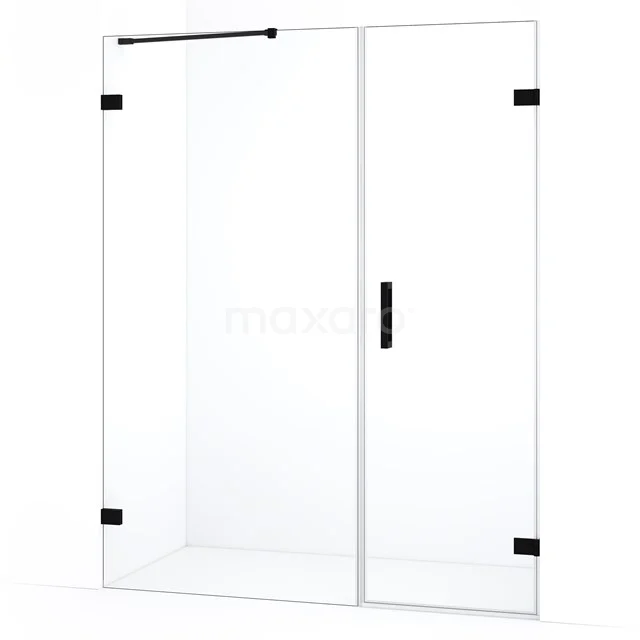 Glazen douchewand met schuifdeur, helder glas, slank zwart frame, moderne badkamerstijl, duurzaam en waterafstotend.