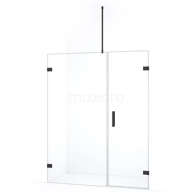 Glazen douchewand met matzwarte details, frameloos design en deur; perfect voor een moderne badkamer.