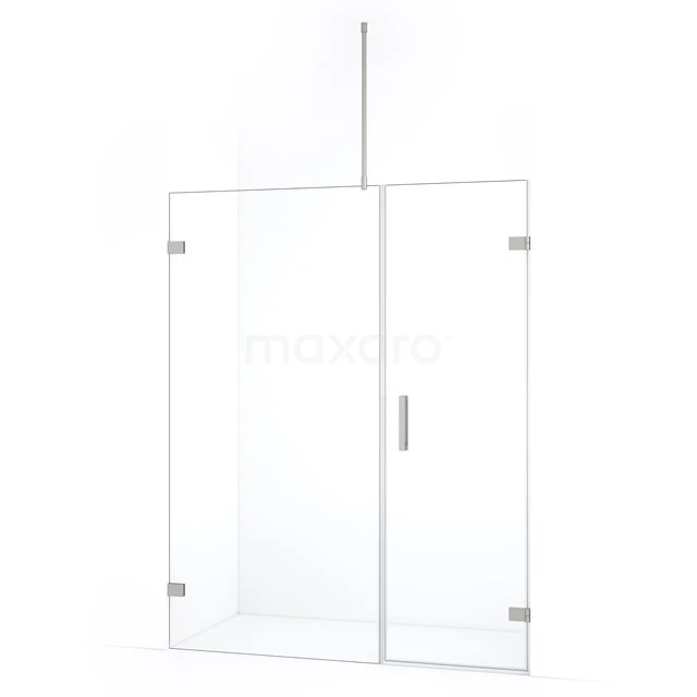 Glazen douchecabine met helder glas, zilverkleurige scharnieren en chromen deurgreep, perfect voor een moderne badkamer.