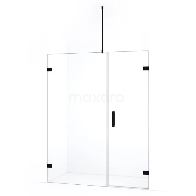Moderne glazen douchewand met zwarte accenten, hoekdeurontwerp en minimalistisch beslag, ideaal voor een stijlvolle badkamer.