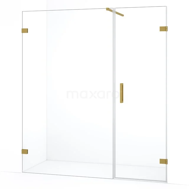 Glazen douchewand met goudkleurige accenten, moderne uitstraling, ideaal voor een stijlvolle badkamerrenovatie.