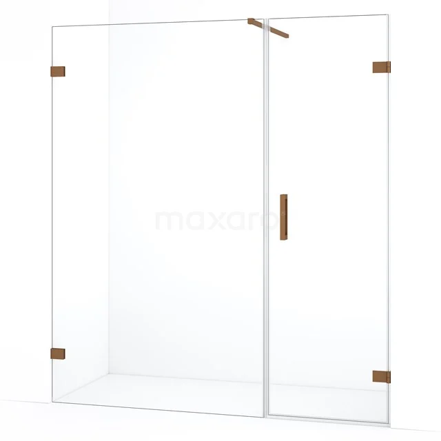Douchewand van helder glas met mat zwarte scharnieren en handgreep, modern design en minimalistische uitstraling.