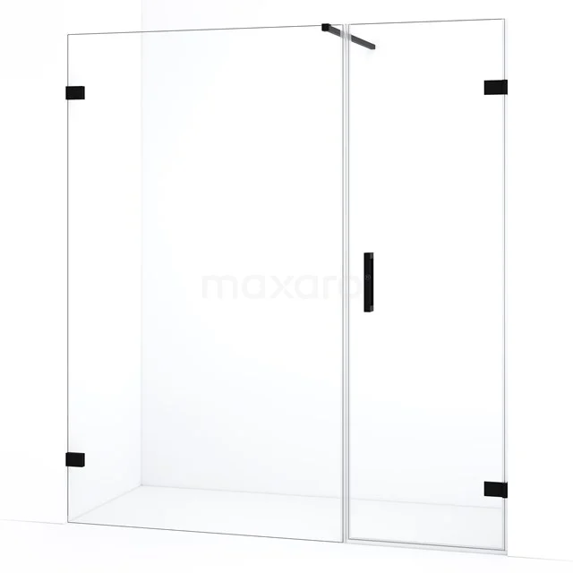 Glazen douchewand met zwarte accenten, moderne uitstraling, ideaal voor een stijlvolle badkamerinrichting.