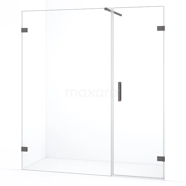 Matte zwarte glazen douchedeur met scharnieren, transparant glas en strak design, ideaal voor een moderne badkamerstijl.
