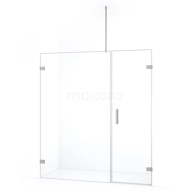 Helder glazen douchewand met deur, frameloos design en roestvrijstalen scharnieren, ideaal voor moderne badkamers.