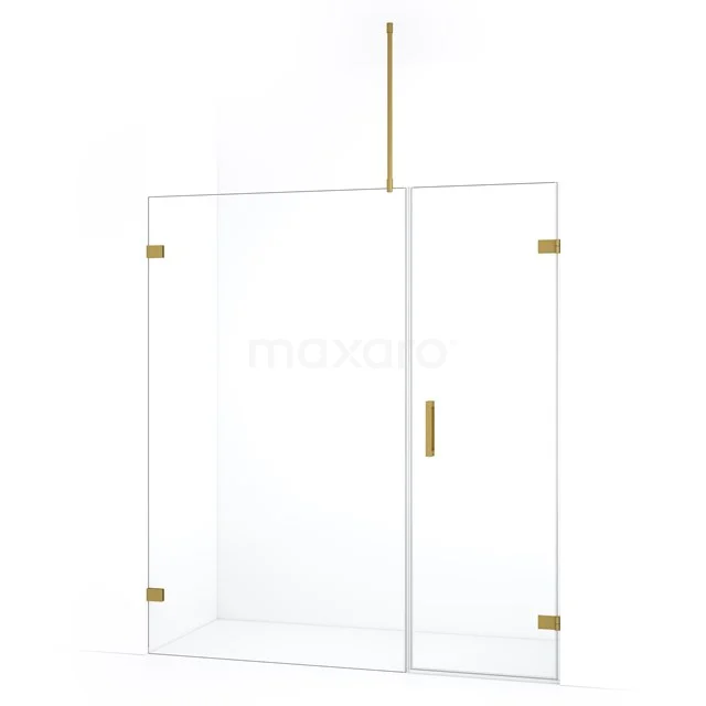 Glazen douchewand met gouden details, schuifdeur en strakke lijnen, perfect voor een moderne badkamer.