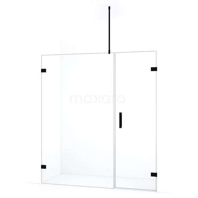 Glazen douchewand met deur, zwart beslag, modern design, ideaal voor een strakke en stijlvolle badkamerindeling.