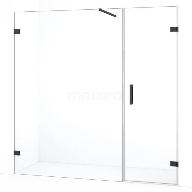 Douchewand met deur, helder glas, zwart metalen accenten, strak design, ideaal voor moderne badkamers.