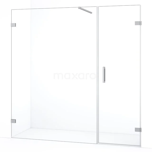Glazen douchewand met deur, helder veiligheidsglas, aluminium profielen, strak design, ideaal voor moderne badkamerindelingen.