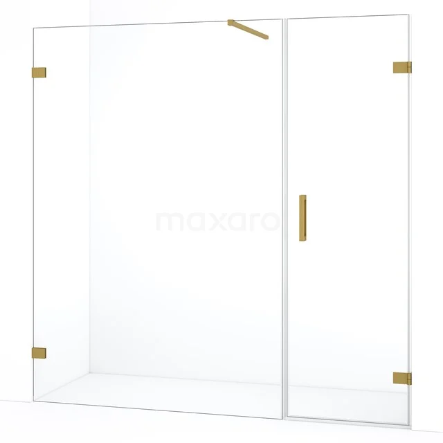 Douchewand van helder glas met gouden accenten, modern design, ideaal voor een luxe badkamer inrichting.
