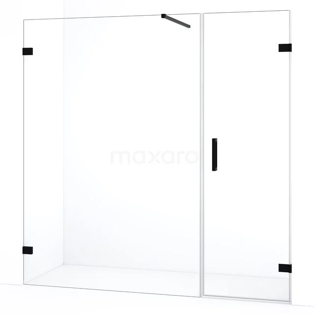 Douchewand met zwarte accenten, helder veiligheidsglas, stijlvolle inloopdouche met minimalistisch design.