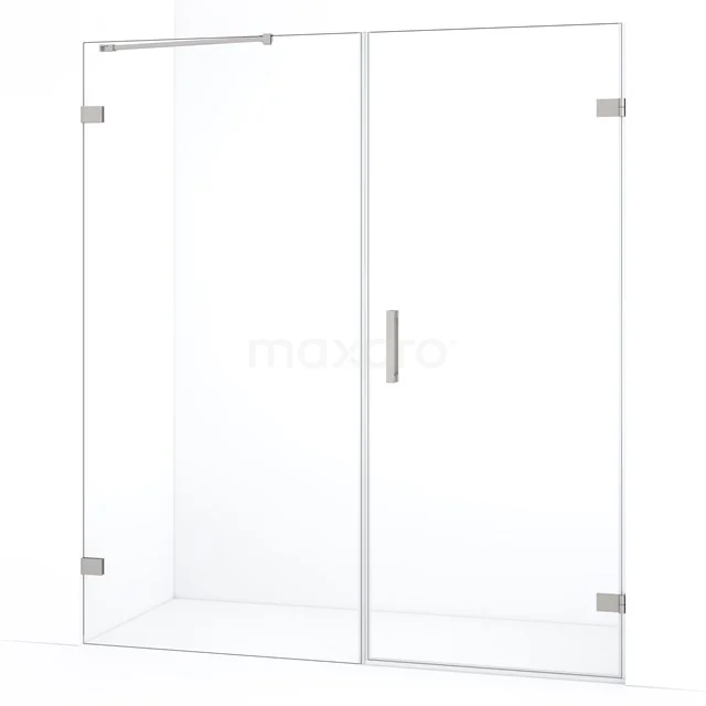 Glas Duschwand mit Tür, klares Sicherheitsglas, schlankes Design mit Edelstahl Scharnieren und Haltegriff für moderne Bäder.