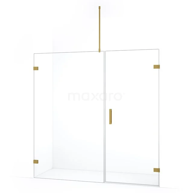 Glas Duschwand mit goldfarbenen Befestigungen, minimalistisches Design und robustem Sicherheitsglas für ein modernes Badezimmer.