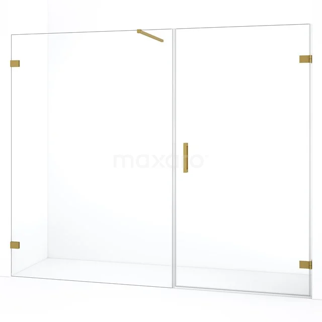 Begehbare Dusche aus Klarglas mit Goldakzenten, elegantes Design, perfekt für ein modernes Badezimmer.