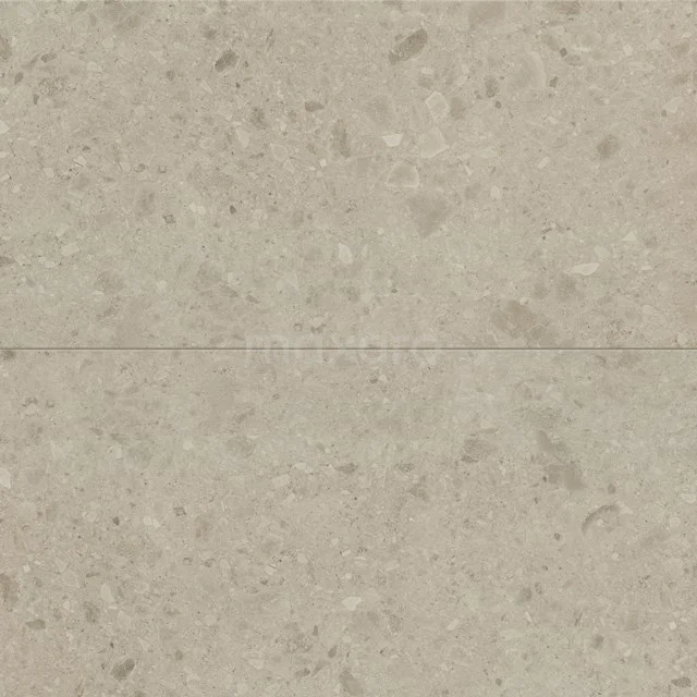 Beige keramische Badezimmerfliese mit Terrazzo-Optik und hellen Sprenkeln, langlebiges und modernes Design.