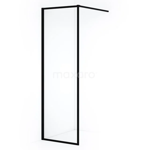 Schwarze Duschwand mit schmalem Rahmen aus mattem Schwarz Aluminium, stilvoll und ideal für eine moderne Badezimmergestaltung.