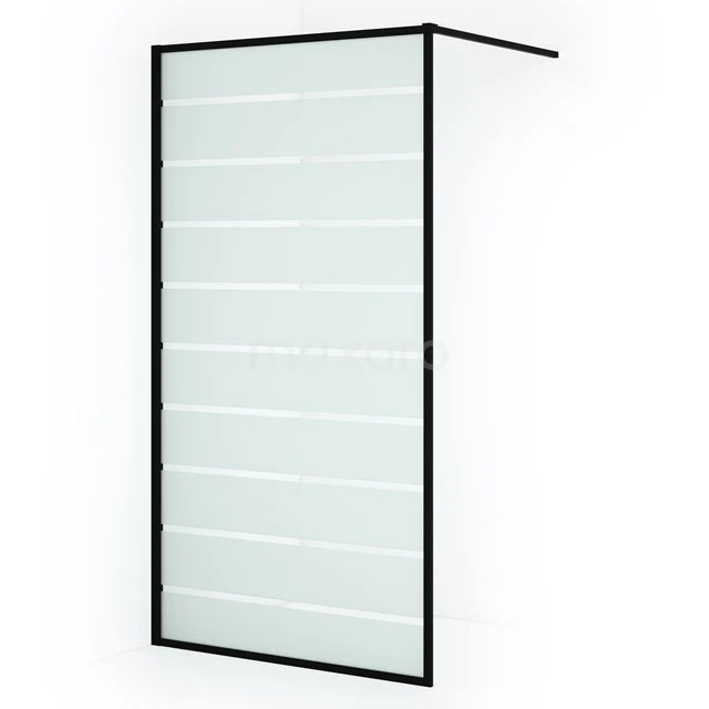 Schwarz Rahmen Duschwand mit Mattglas und horizontalen Streifen, ideal für eine moderne Badezimmer Einrichtung.