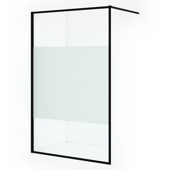 Schwarze begehbare Duschwand mit mattgläsernem Streifen, straffes Design und Aluminiumrahmen, ideal für ein modernes Badezimmer.