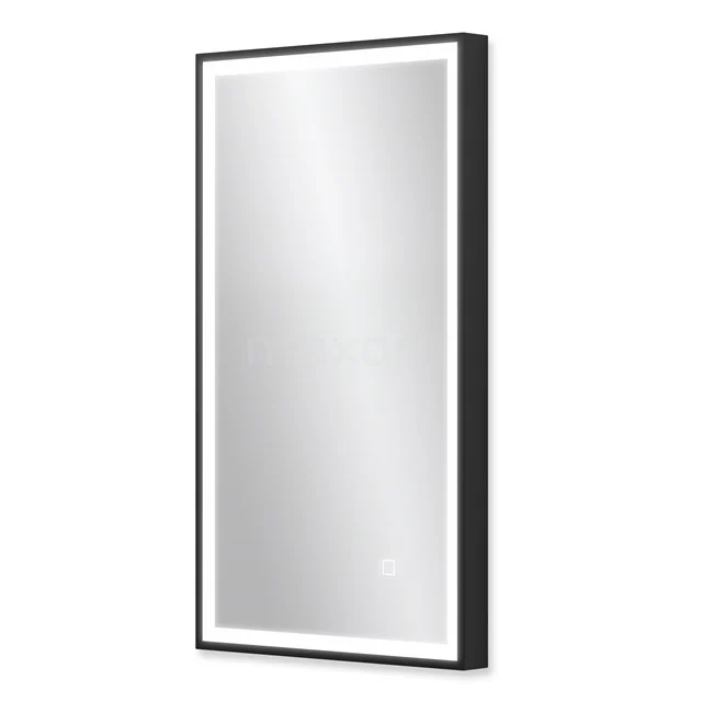 Rechteckiger schwarzer Badezimmerspiegel mit LED-Beleuchtung, minimalistisches Design, ideal für moderne Badezimmerinterieurs.