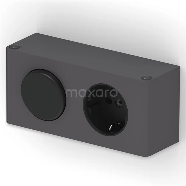 Dunkelgraue Steckdose mit einem schlanken Design, perfekt für moderne Badezimmer. Geeignet für feuchte Räume.