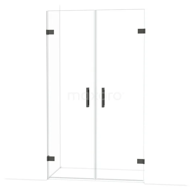 Doppelte Glastür für die Dusche mit schwarzen Scharnieren und Haltegriffen, modernes Design, perfekt für ein stilvolles Badezimmer.