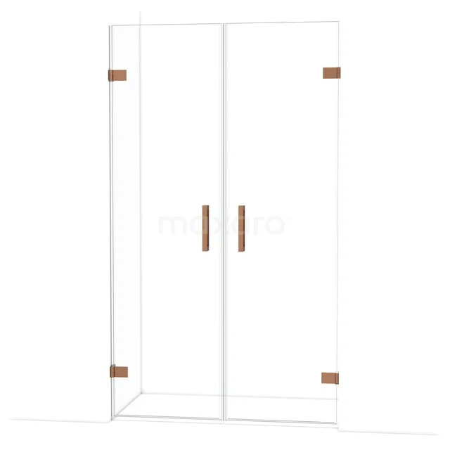 Glas Duschtür mit zwei Drehtüren, Klarglas und Messingakzenten, ideal für ein stilvolles und modernes Badezimmer.