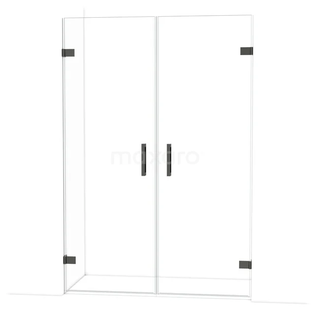 Duschtür mit Klarglas, schwarzen Scharnieren und Haltegriffen, perfekt für ein stilvolles, modernes Badezimmer.