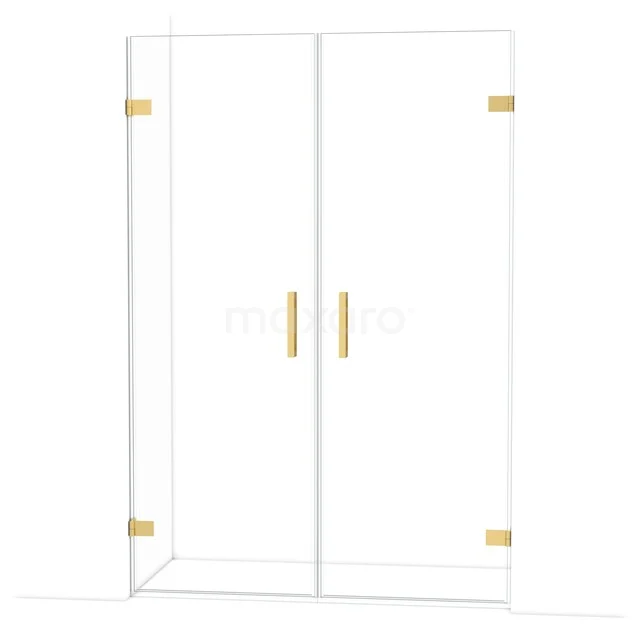 Duschtür aus Klarglas mit goldfarbenen Scharnieren und Haltegriffen, modernes Design für ein luxuriöses Badezimmer.