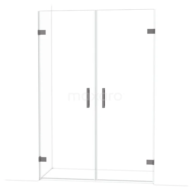 Klarer Glas-Duschtür mit schwarzen Scharnieren und Haltegriffen, perfekt für einen modernen Badezimmerstil.
