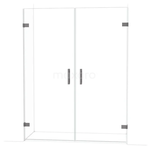 Glas Duschtür, klares gehärtetes Glas mit matt schwarzen Scharnieren und Haltegriffen, geeignet für moderne Bäder.