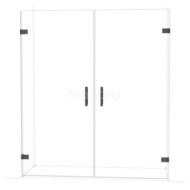 Glasene Duschtür mit schwarzen Haltegriffen und Scharnieren, elegantes Design, perfekt für ein modernes Badezimmer.