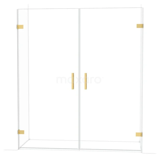 Glas Duschwand mit doppelten goldenen Scharnieren und Haltegriffen, schlankes Design für ein modernes Badezimmer.