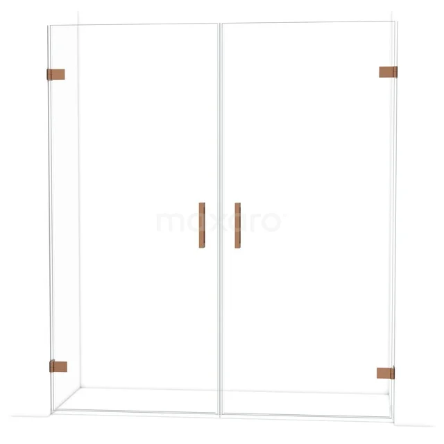 Glasene Duschtür mit doppelten Paneelen, rostfreien Scharnieren und hölzernen Haltegriffen, perfekt für einen modernen Badezimmerstil.