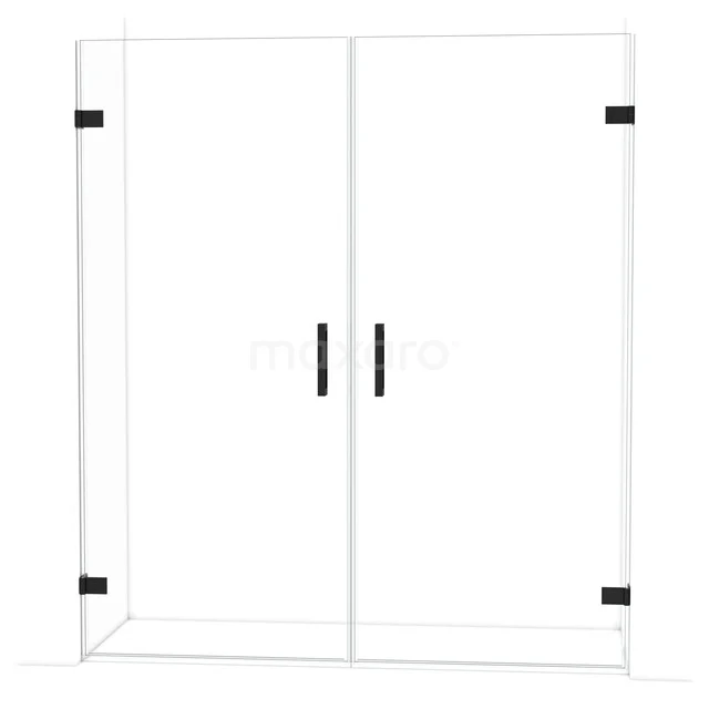 Duschtür aus Klarglas mit schwarzen Haltegriffen und Scharnieren, ideal für einen modernen Badezimmerstil.
